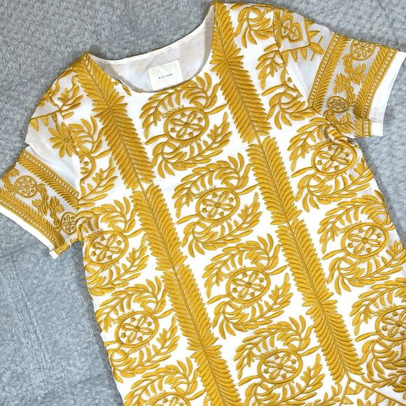 All:Row Dress Womens Large Yellow Embroidered Short Sleeve Mini - Picture 3 of 15